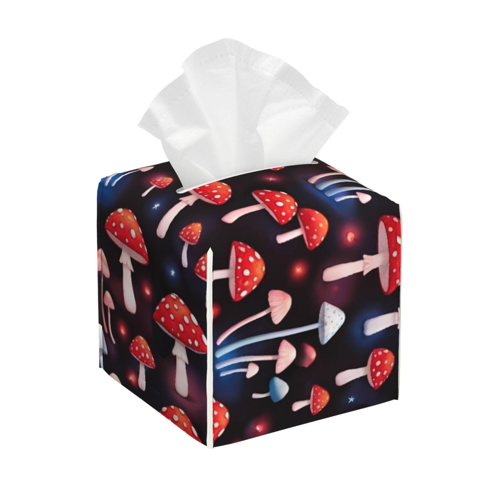 Goth Red Mushrooms Leather Tissue Box Cover Holder Square Facial Paper Organizer 5.2" X 5.2" X 5.2"