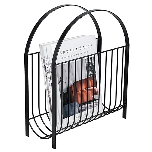 MyGift Deluxe Mid Century Metal Wire Magazine Rack in Matte Black Finish, Tabletop or Floor Standing Sling Basket for Magazines and Newspapers - Black