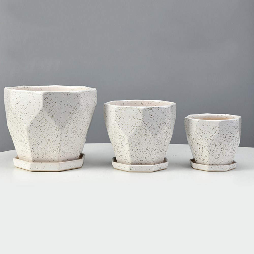 Ceramiczna doniczka na rośliny geometria wielokąt donice ogrodowe woskowana biała bardzo duża z dzieloną tacą doniczka na kwiaty do roślin wewnętrznych z otworem drenażowym (rozmiar: duża)