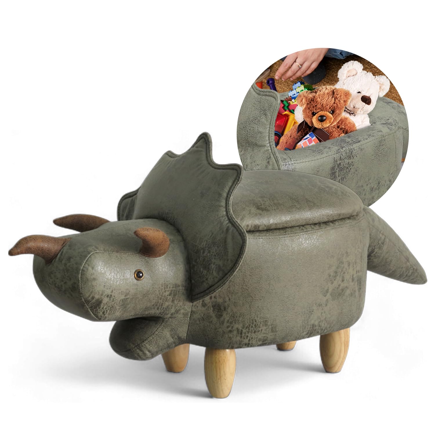 Suleno Dino Tierhocker mit Stauraum, Niedlicher Organizer & Sitzbox, 50 cm | für Kinder, weicher Bezug in Lederoptik, Holzbeine, dekorative Möbel für Kinderzimmer 93x 33 x