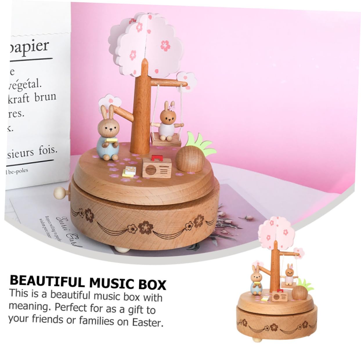 ULTECHNOVO Boîte à Musique Lapin pour Pâques Décoration Intérieure Bois Cadeau Musical avec Motif Imprimé