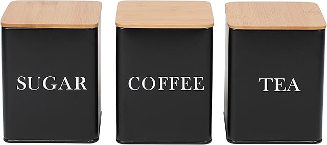 EHC Set of 3 Tea, Coffee & Sugar Canister Storage Jar Container Set With Airtight Bamboo Lid, Black