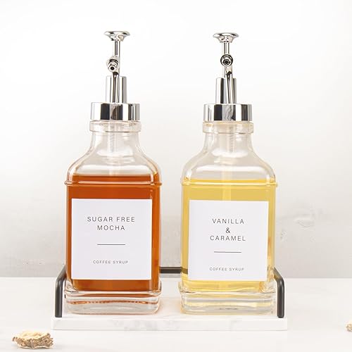 BathAce Dispensador de jarabe de café con bandeja de mármol, botellas de jarabe de vidrio transparente con bomba, 2 dispensadores de jarabe de arce
