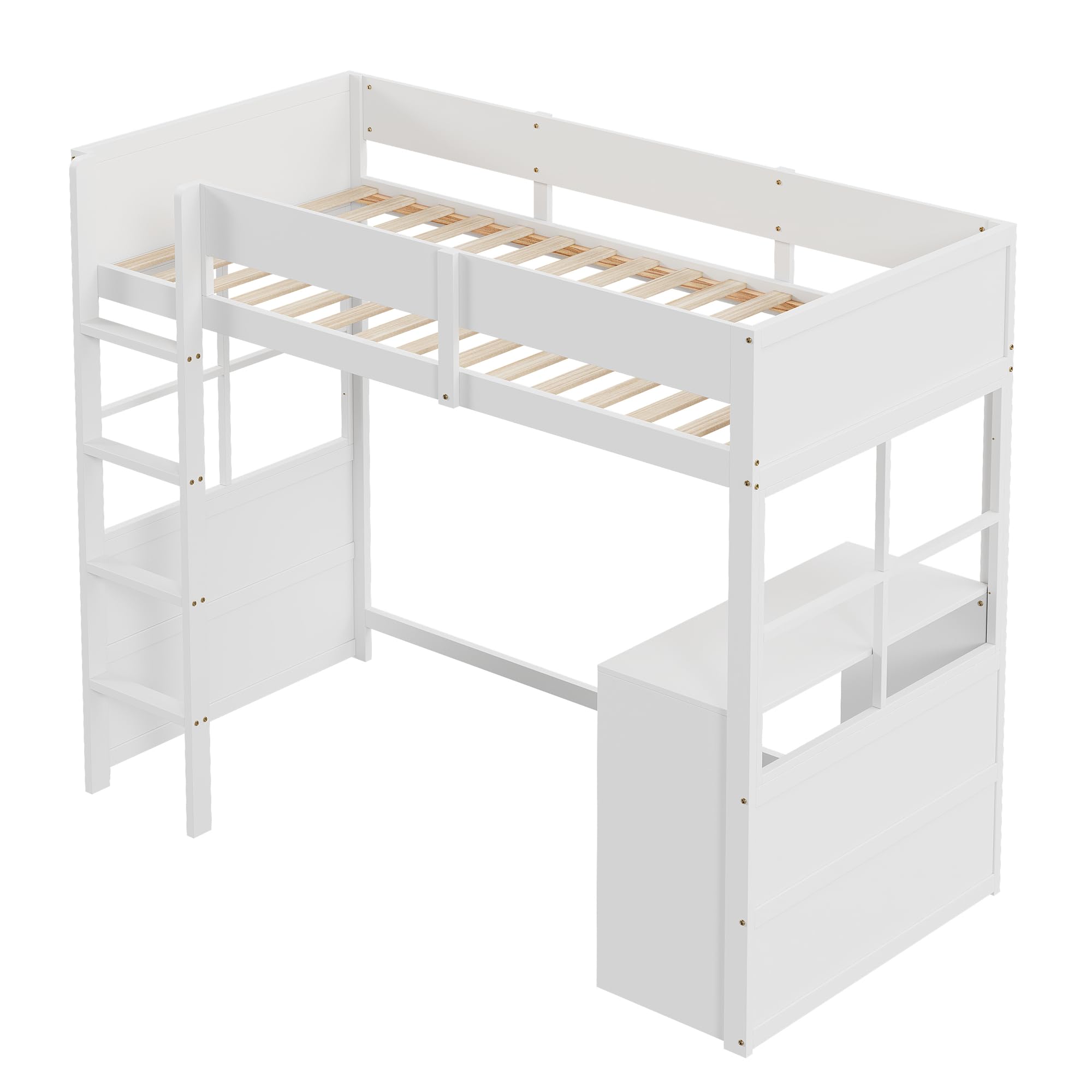 Sapgaks - Cama altillo de 90 x 200 cm, cama infantil con escalera de seguridad y mesa, diseño de alta valla, cama individual de madera, color blanco
