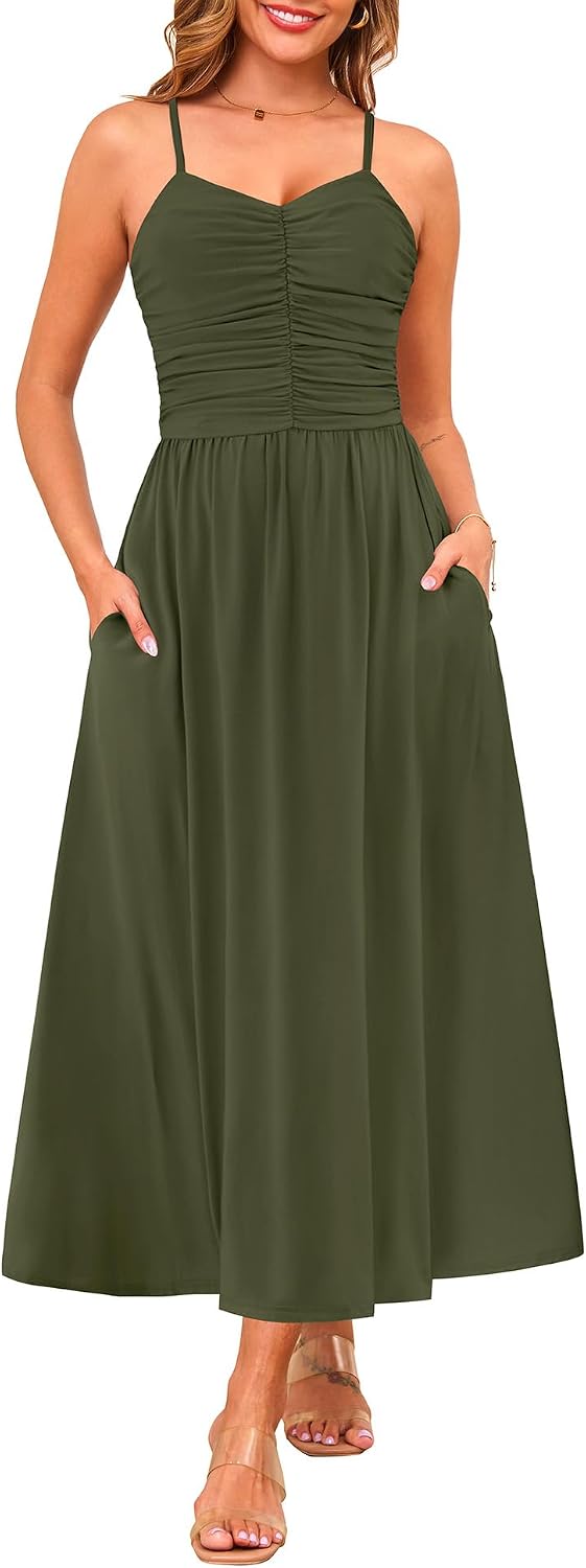 Annebouti Women 2026 Summer Spring Ruched Maxi Dress Adjustable Spaghetti Strap Floral Beach Long Sundress with Pockets