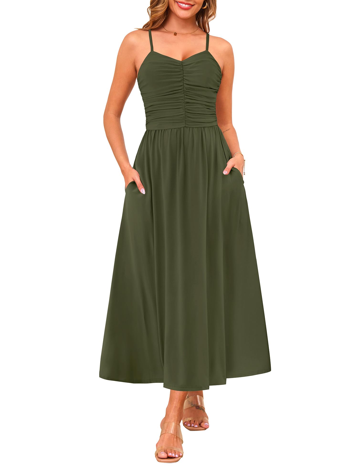 Women's Summer Adjustable Spaghetti Strap Ruched Maxi Sun Dress