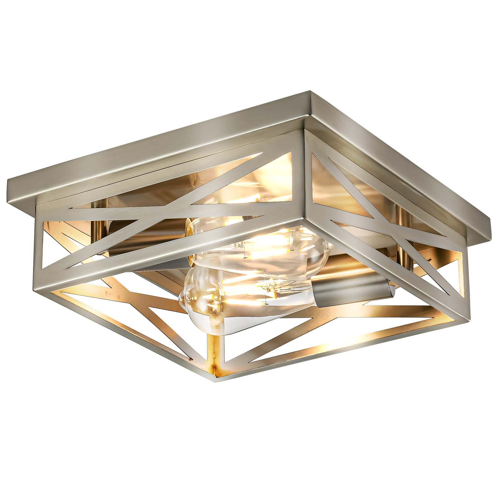 Eidonta Farmhouse 2-Light Semi Flush Mount Ceiling Light Fixture, Modern Metal Cage Brushed Nickel Square Close to Ceiling Lamp, E26 Base Chandelier