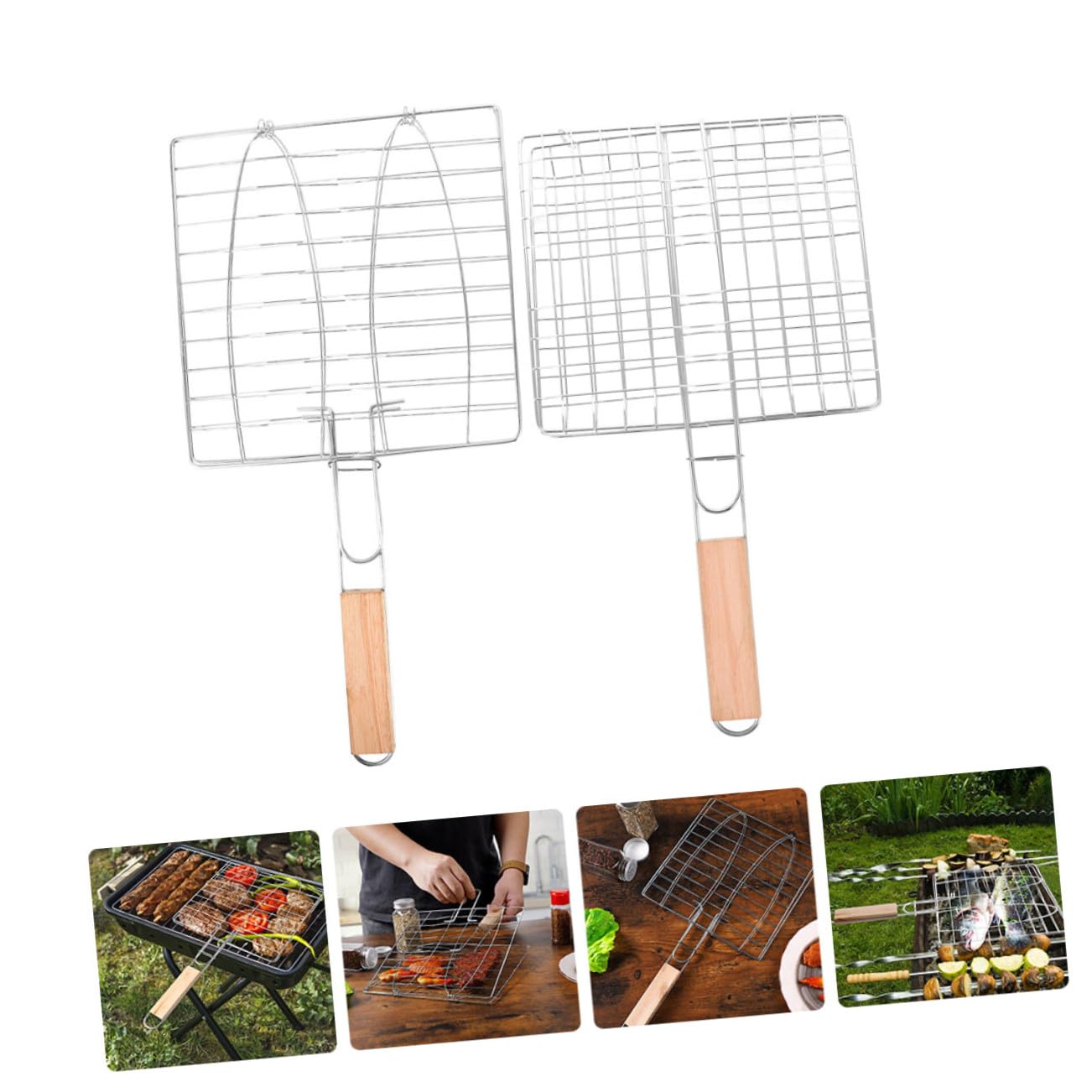 BESTonZON Fischgrillkorb zum Einfachen Wenden von Fisch und Gemüse 2 Stück aus Edelstahl mit Holzgriff Leicht und Praktisch für Outdoor Camping und Picknick