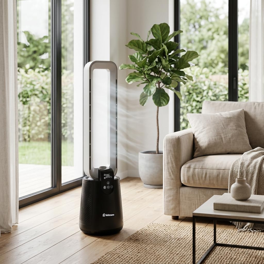 LEHMANN Ventilatore a Torre senza Pale 2 in 1 con Purificatore d'Aria, 2 Filtri HEPA, Silenzioso Modalità Notte, Timer 1-12 h, Telecomando e Display LED, Oscillazione, Per Camera da Letto & Ufficio