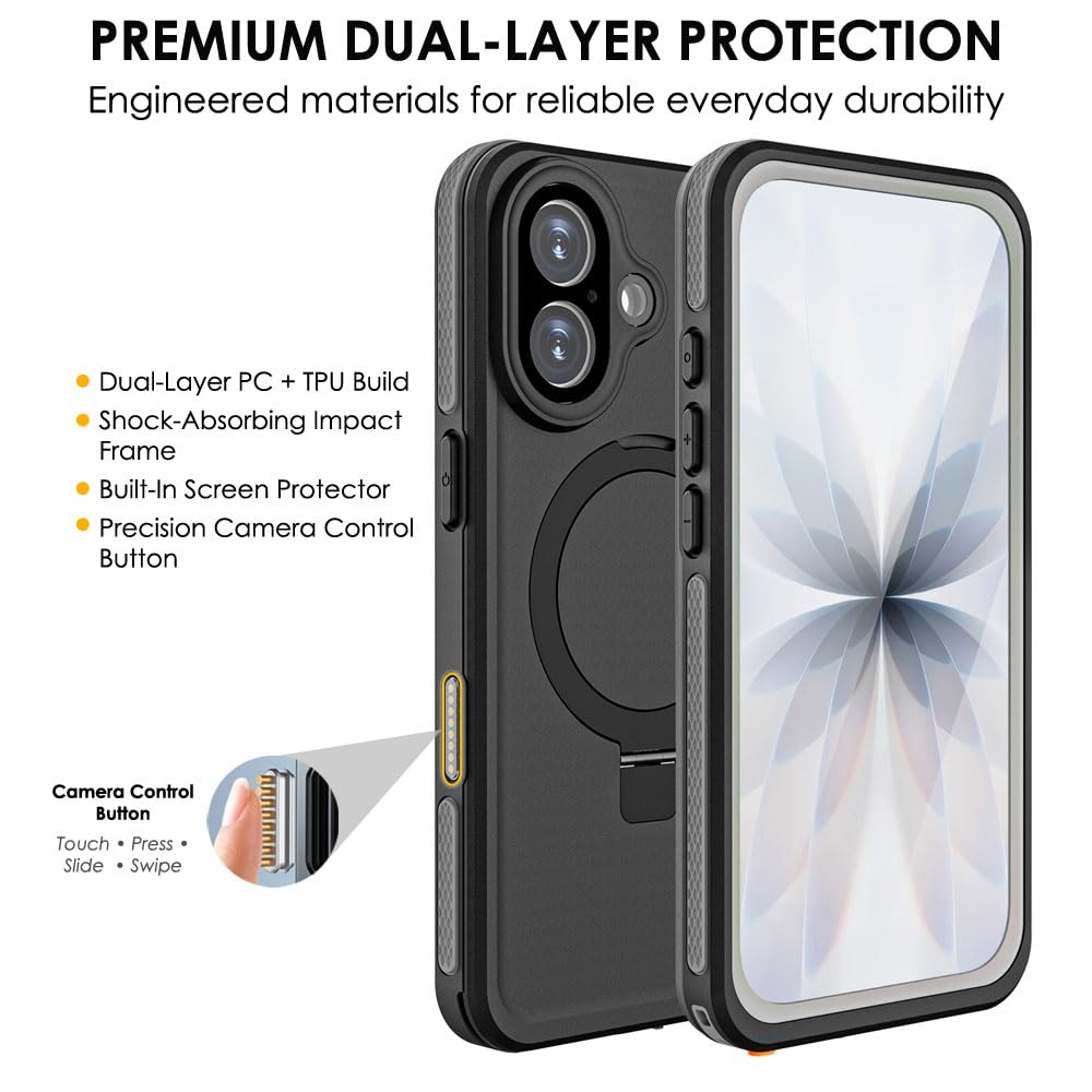 TECHGEAR MagSafe - Funda magnética impermeable con soporte para iPhone 17 (6.3 pulgadas), IP68 de 360°, cuerpo completo, resistente, a prueba de golpes, a prueba de polvo, compatible con pantalla