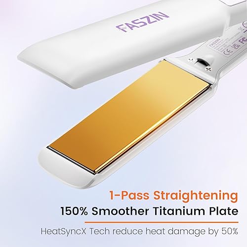 Miniatura 2 de Faszin Plancha de pelo profesional, placa ancha de 1.65 pulgadas, plancha plana de iones negativos de titanio, calentamiento rápido de 30 segundos,