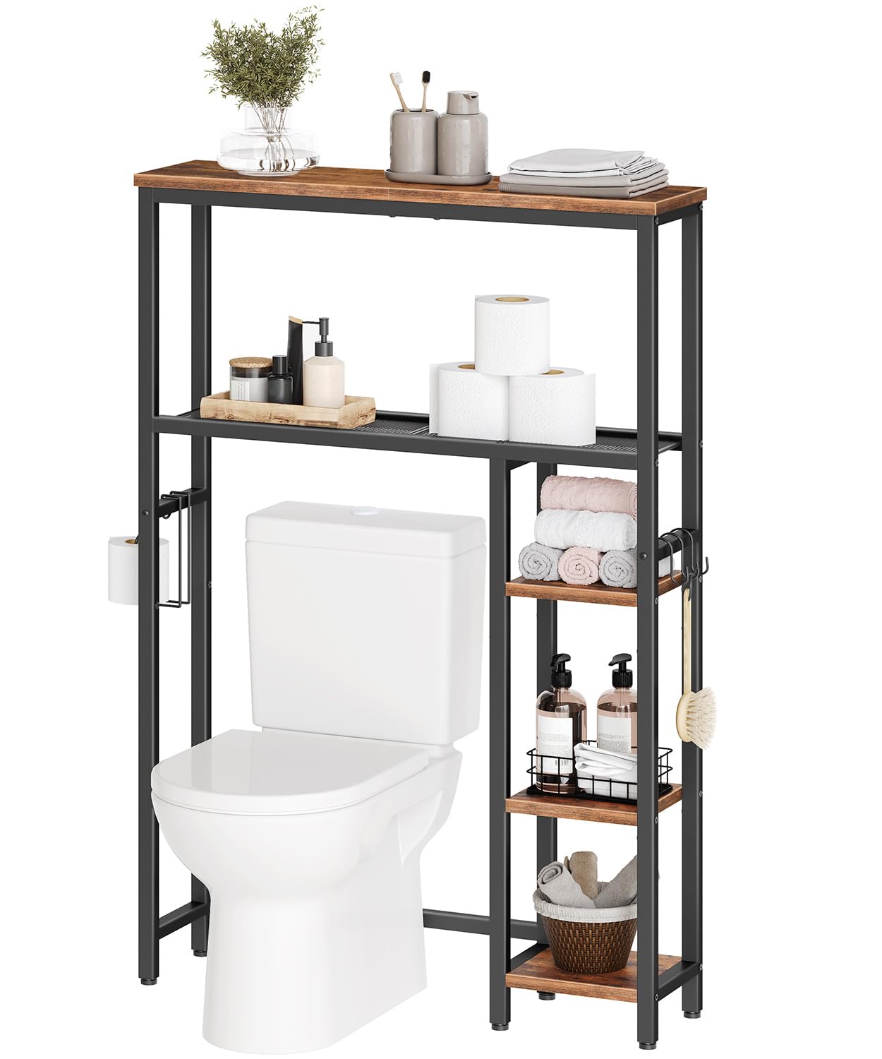 HOOBRO Over The Toilet Storage Cabinet, Freestanding Bathroom Organizer with Toilet Paper Holder, Hooks, 5-Tier Bathroom Storage Shelves for Laundry Room, Space Saver, Rustic Brown and Black BF84TS01