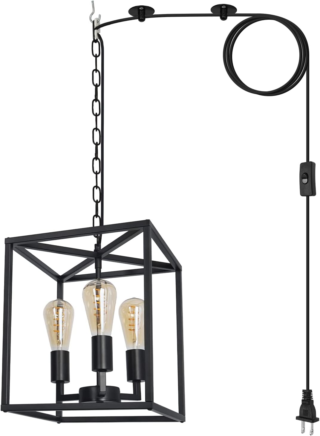 Farmhouse Industrial Plug in Pendant Light with 16.9ft Cord, Black Small Square Chandelier Hanging for Kitchen Island, Entryway, Dinning Room (3-Light)