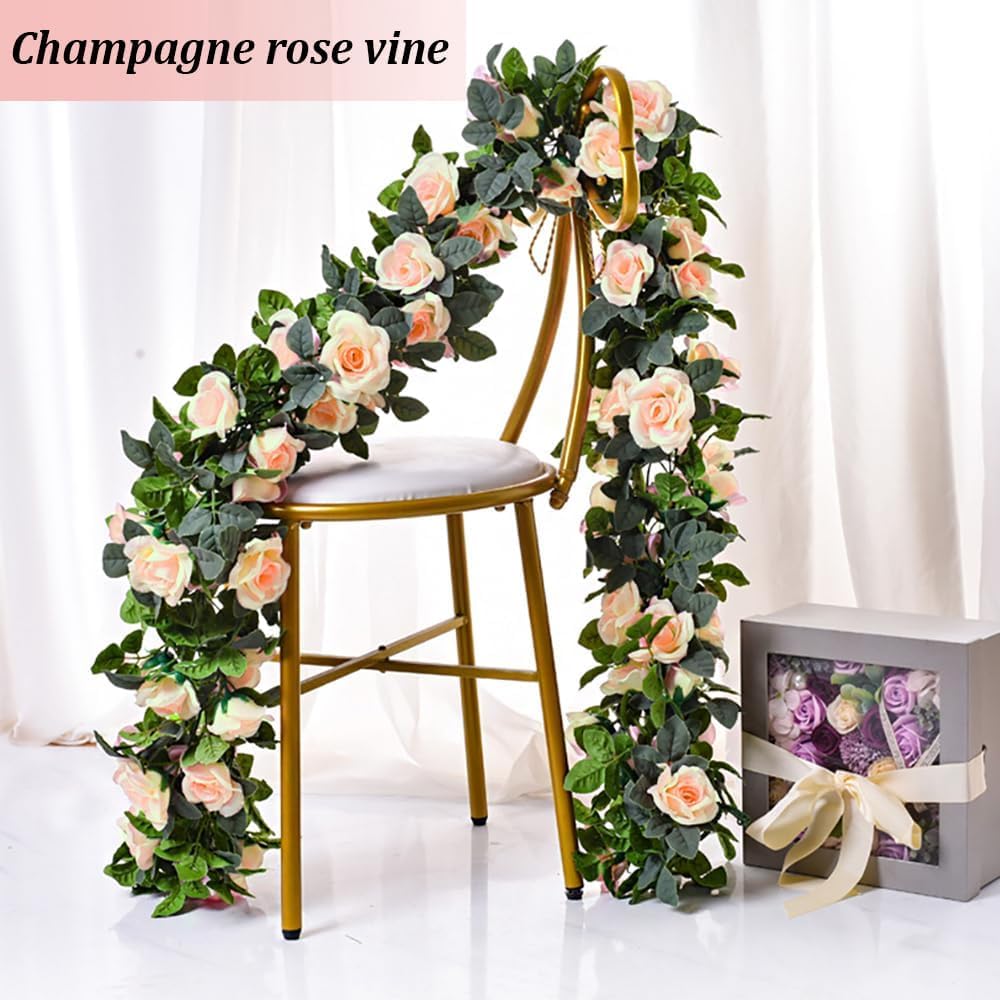 10PCS Fake Rose Garland, 7.5Ft Artificial Vines Flowers Hanging Rose Vine forfor Table Wedding Backdrop Arch Wall Party Mantle Festival Decor (Champagne)