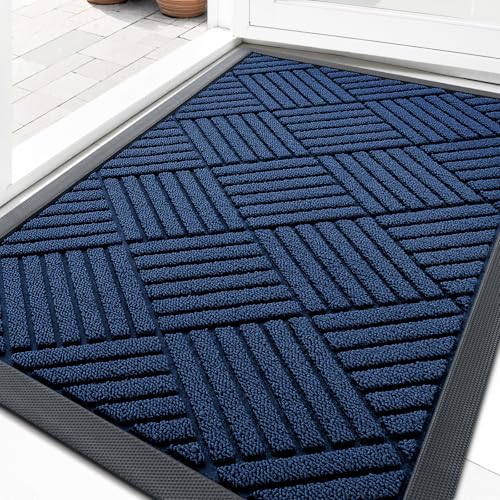 OLANLY Front Door Mat Outside Entrance 29.5x17, Absorbent, Heavy Duty Sturdy Natural Rubber Doormat Indoor Outdoor, Stain Fade Resistant, Non-Slip Low Profile Floor Mat for Entryway, Navy Blue Diamond