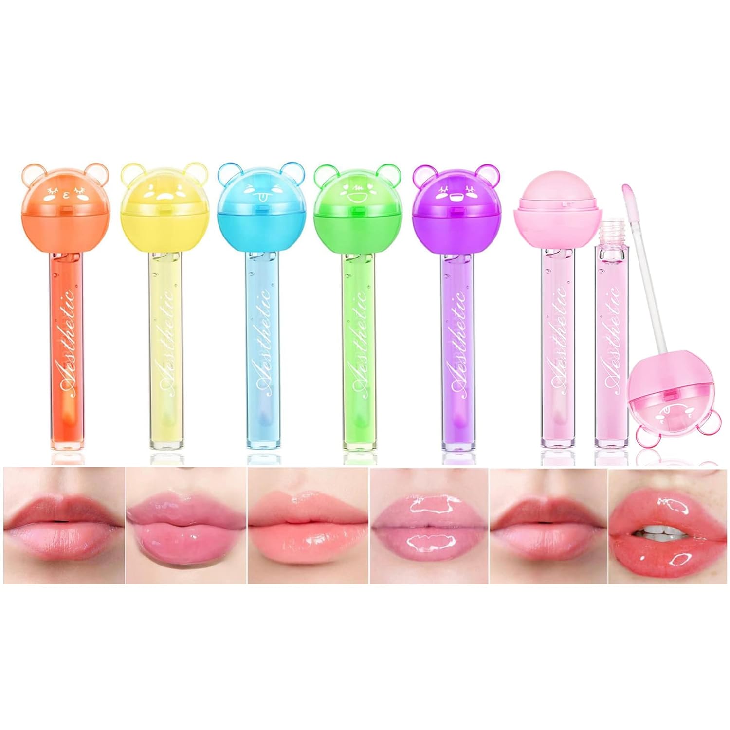 2 in 1 Dual-purpose Lollipop Lip Gloss Set, 6 PCS, Transparent Lip Balm, No-Sticky Lip Oil, Hydrating Liquid Lipstick, Moisturizing Lip Lacquer, Long Lasting Enhanced Gloss Lip Glaze Makeup