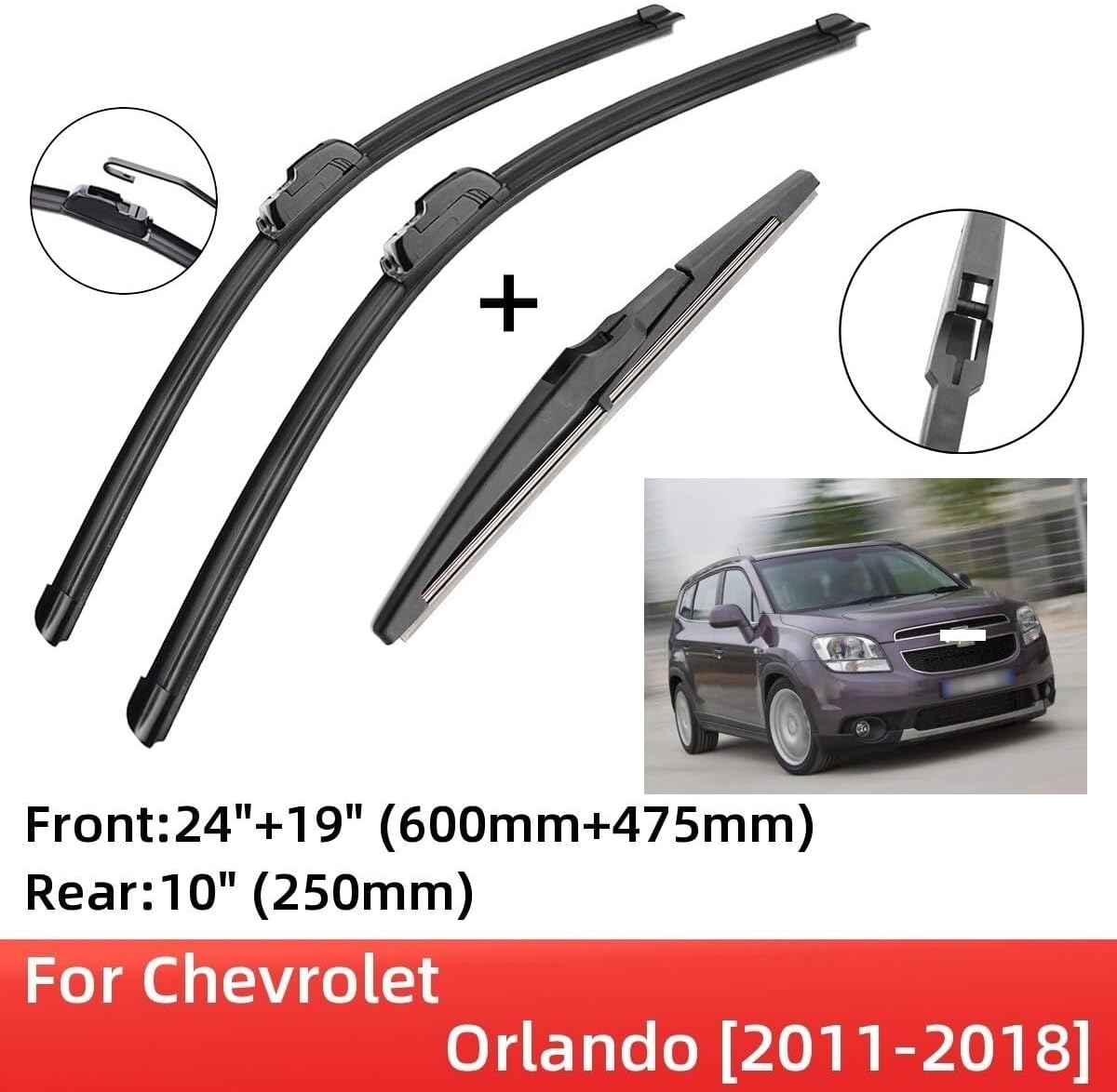 Compatible with Chevrolet Orlando 2011-2018 Front Rear Wiper Blades Brushes Cutter Accessories J Hook 2011 2012 2013 2014 2015 2016 2017