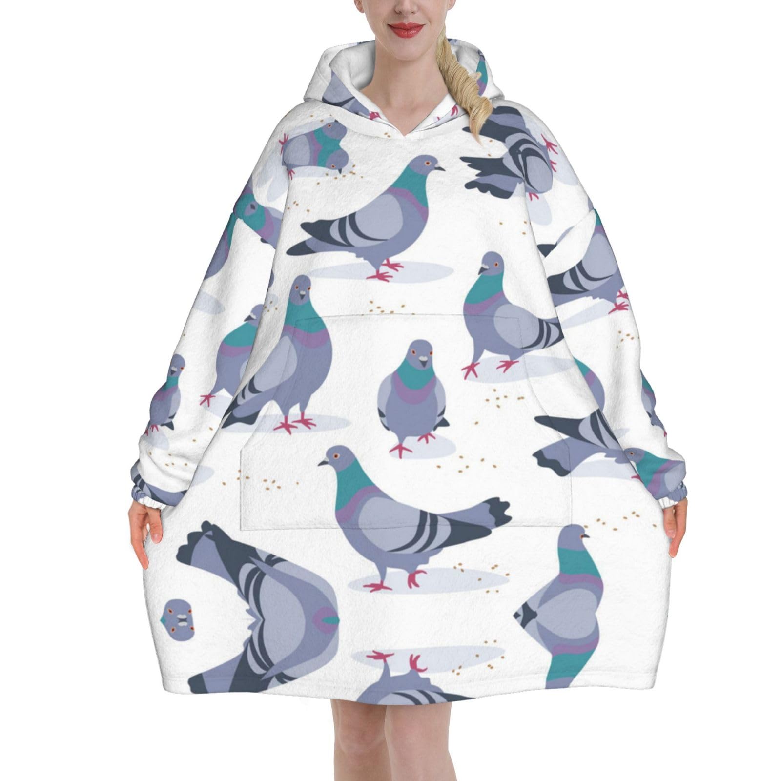 Poadnly Unisex As Picture Bluish Pigeons,Women's Oversized Wearable Blanket Hoodie, Blanket Sweatshirt,Flannel Pullover Blanket