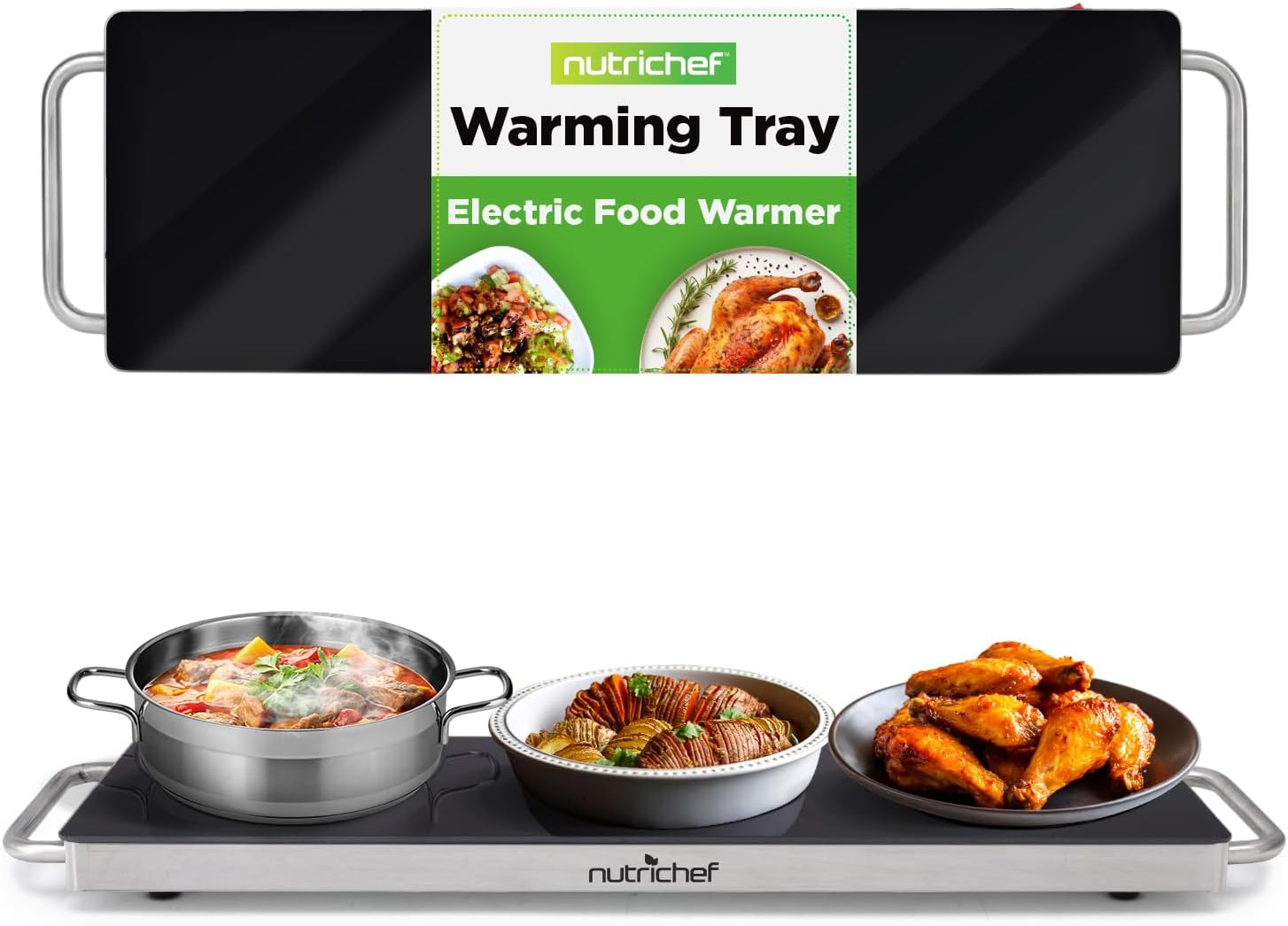 NutriChef Portable Electric Food Hot Plate-Stainless Steel Warming Tray&Dish Warmer with Black Glass Top-Keep Food Warm for Buffets,Restaurants,Parties&Home Dinners-22' x 6'-Heats up to 203°F 22.4'' x 6.7 Inches