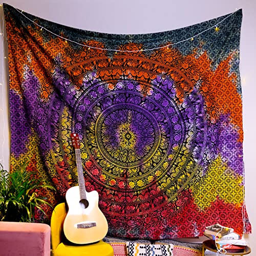 Image of Craft Trade 54x84 Inches Psychedelic Multicolor Cotton Mandala Ombre Wall Hanging Tapestry