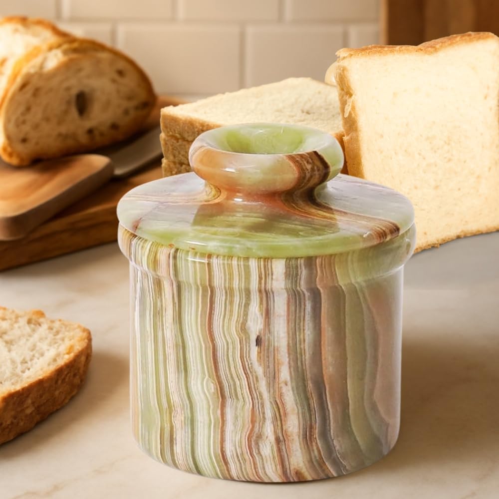 Marble Butter Keeper French Butter Dish Crock with Lid Handcrafted Green Onyx