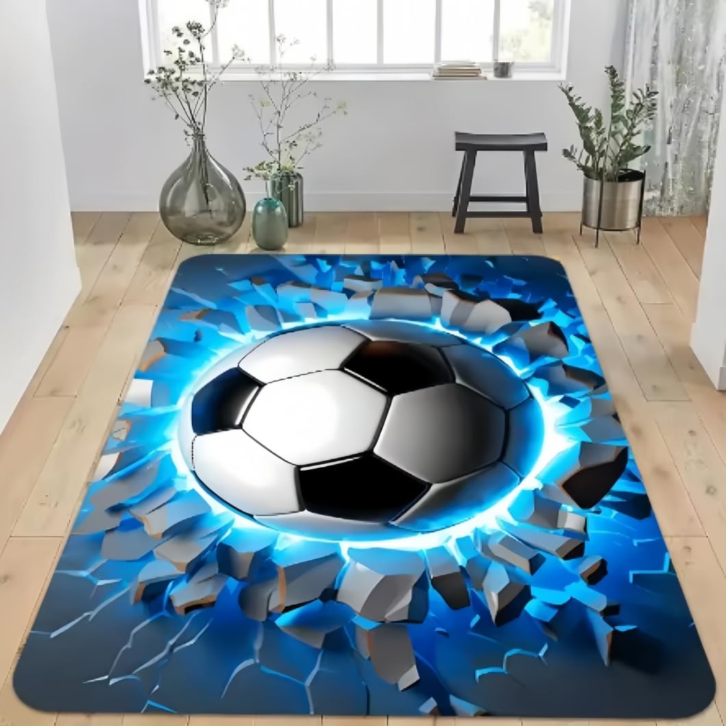 Tapis de Football 3D Antidérapant Lavable, Tapis Foot Motif Ballon Flanelle Doux pour Chambre Garçon Ado Salon Salle de Jeux, Décoration Sportive Cadeau Amoureux de Foot (Couleur-1,140x200cm)
