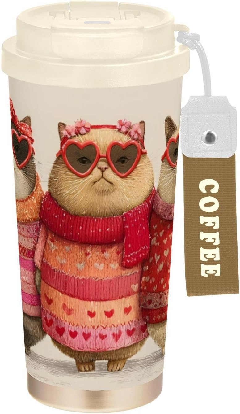 Insulated Coffee Mug Cats Cute with Straw & Flip Lid, 16.9oz Iced Tumbler Cup, Double Wall Vacuum Mug for Travel Office Camping