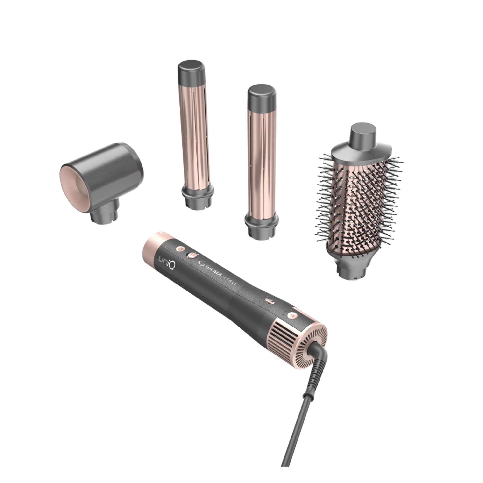 GA.MA Italy Professional, UNIQ AURA Multistyler 4 en 1, motor sin escobillas de 100 000 rpm, tecnología Coanda y turmalina, cepillo ovalado de 60 mm, 2 rizadores de 32 mm, aire frío, autolimpieza