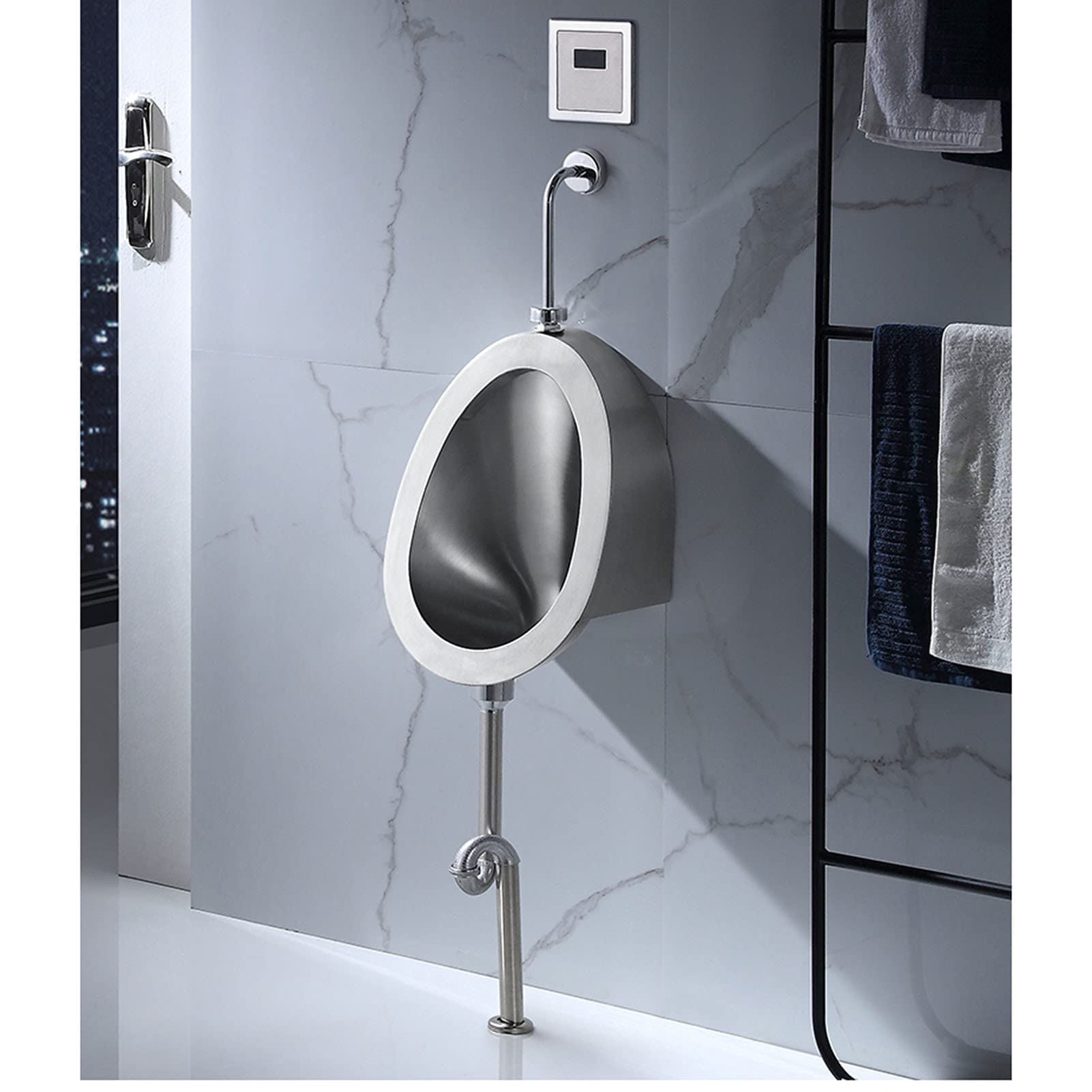 DFEDHF Stainless Steel Wall-Mounted Urinal, Wall-Mounted Infrared Sensor Flushing Toilet Urinal Tank, 304 Stainless Steel Deepened Urinal, Suitable for Bathrooms, Hotels, Shoppi(Ground Drainage)