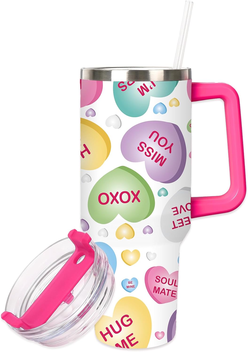 Valentine Tumbler with Straw and Lid 40oz Conversation Heart Stainless Steel Cup with Handle Colorful Love Heart Travel Coffee Tumbler Cup for Home Office