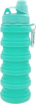 Collapsible Water Bottles Travel Sports Portable Sport Water Bottle with mountaineering Buckle 500ml silicone Water-proof camping water bottle Green Color