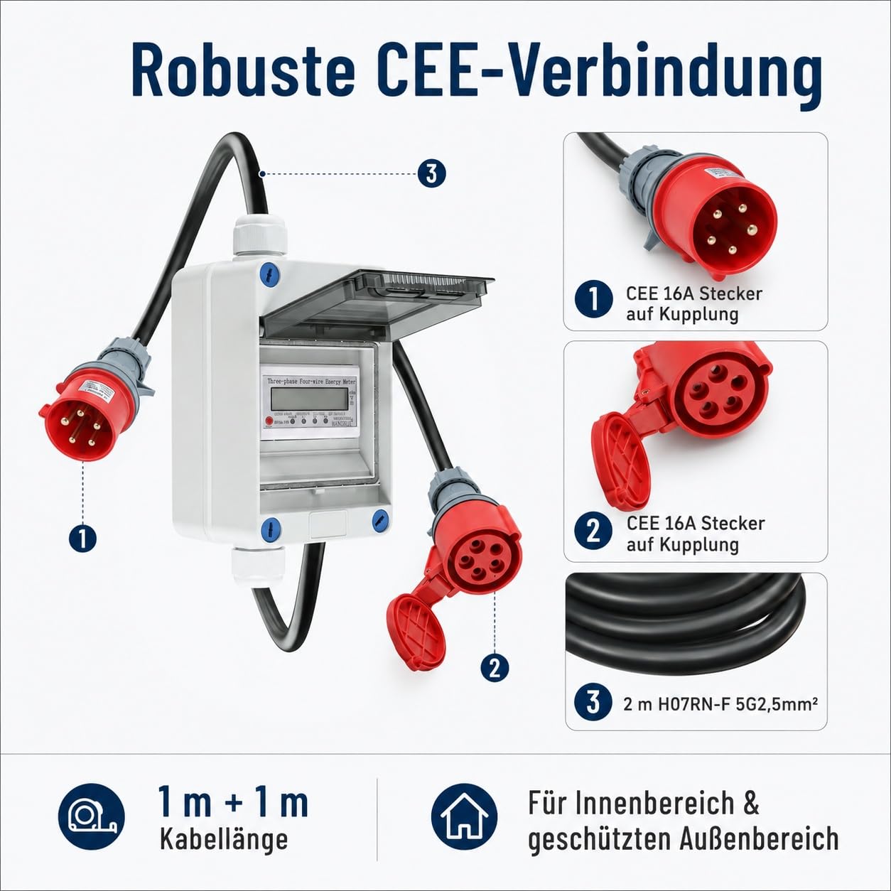 Angooni Digitaler Drehstromzähler 3 Phasen CEE 16A Mobiler Stromzähler MID | Energieverbrauch Stromverbrauch Messen Energie Monitor mit Display 2m Kabel IP68 für Camping Wohnmobil Baustelle