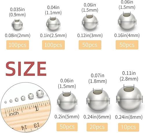 Miniatura 4 de Cuentas de plata de ley 925 para hacer joyas, 50 cuentas sueltas de plata S925, cuentas redondas lisas de plata para pulseras apilables, joyería y