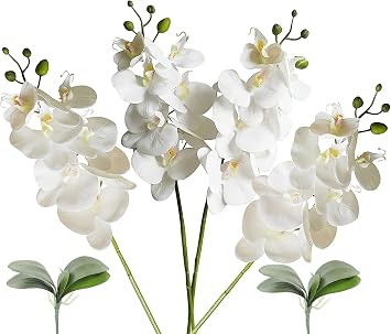 4 Pcs Artificial Real Touch Latex Phalaenopsis Orchid Stem Bouquets White with 2 Sets Leaves
