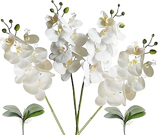 4 Pcs Artificial Real Touch Latex Phalaenopsis Orchid Stem Bouquets White with 2 Sets Leaves