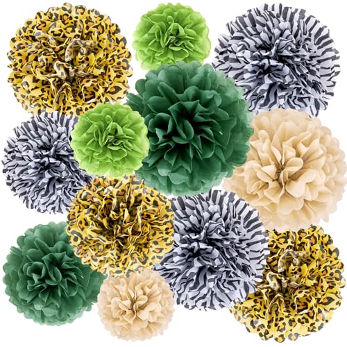 Image of Easy Joy Jungle Safari Party Tissue Pompom Wild Animal Leopard Zebra Print Decor Sage Green Paper Decoration Wall Hanging Paper Flower 12pcs for Wild Kid's Birthday Baby Shower Classroom Wall