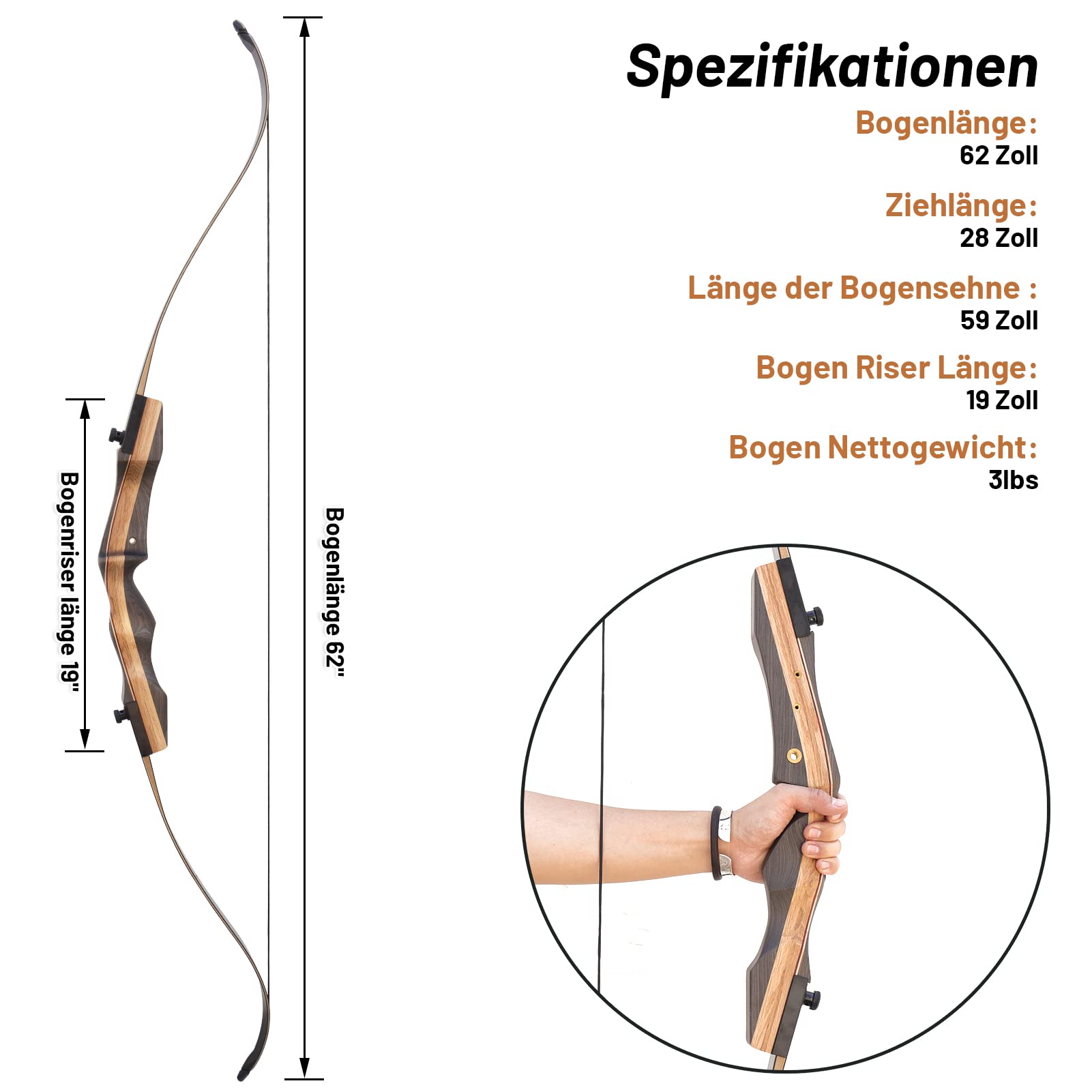 62 Inch Takedown Recurvebogen 20-50 Lbs Rechte Hand Holz Recurve Bogen Für Erwachsene Outdoor Jagd Schießübungen