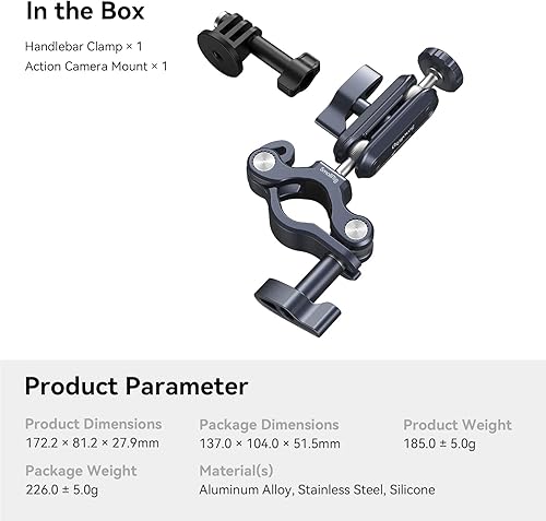 Miniatura 8 de SMALLRIG Soporte de manillar de motocicleta para Gopro, soporte de barra de poste y rollo, CNC todo metal 0.866-1.260 in para cámaras de acción