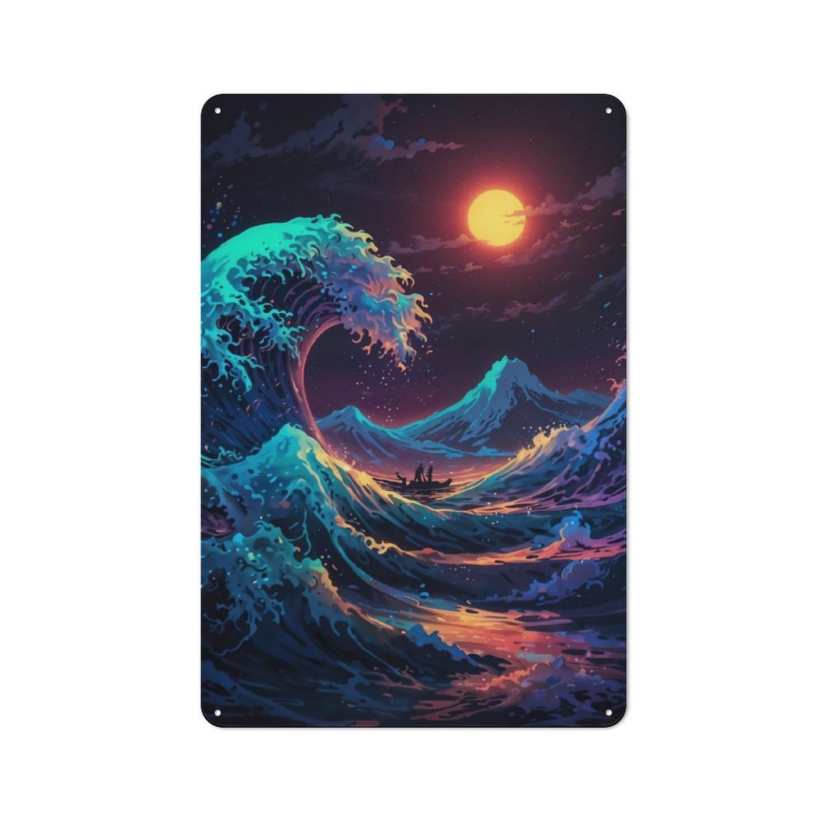 Junmoney Big Wave Moonlit Voyage 30X20cm Retro Tin Wall Plaque With For Pub Or Café, A Winter Wall Decor Update For Café Interior Fans