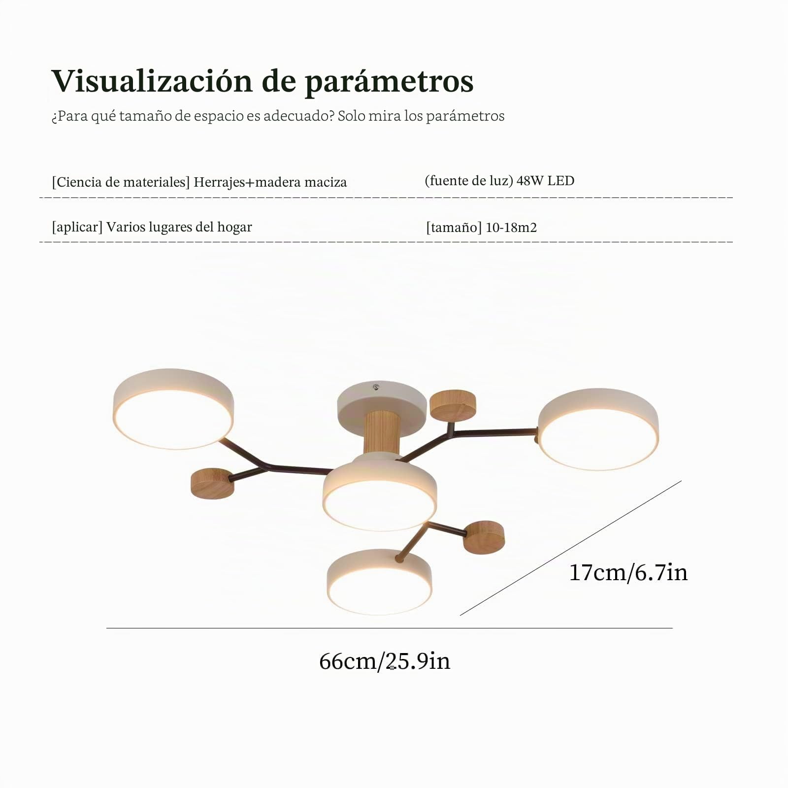 Plafón LED de 4 cabezas,36W blanco cálido 3000K,plafón de decoración de madera Ø66cm para sala de estar cocina comedor oficina en casa habitación de los niños