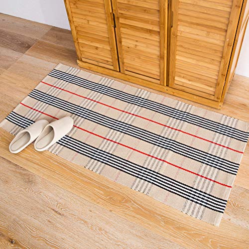Plaid Cotton Rug, Checkered Doormat Area Rug Porch Mat Washable Throw Rug Runner Washable Carpet-Light Brown 60X130Cm(24X51Inch) #TOP8