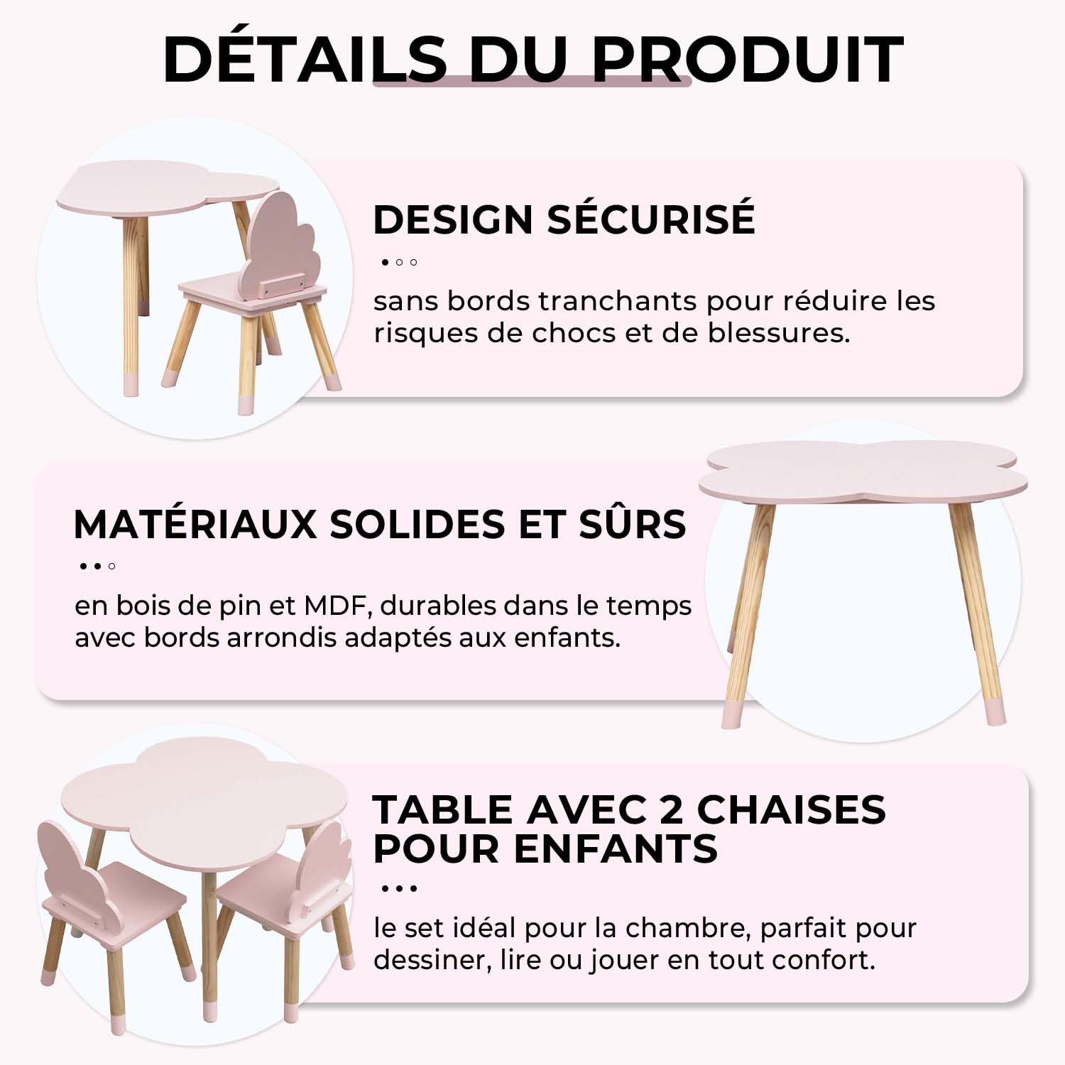 Rebecca Mobili Ensemble Table et 2 Chaises pour Enfants, pour la Décoration de la Chambre des Enfants, Rose Marron, MDF Pin - Dimensions : 44 x 60 x 60 cm / 50 x 25 x 25 cm - Art. RE6899