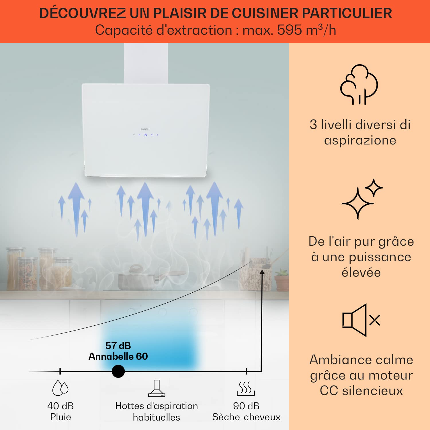 Klarstein Hotte Aspirante 60cm, Hottes de Cuisine Inclinées, Filtre de Hotte en Aluminium, Débit d'Air Puissant 641m³/h, LED, Ecran Tactile, Extracteur d'Air Silencieux, Efficace avec Evacuation