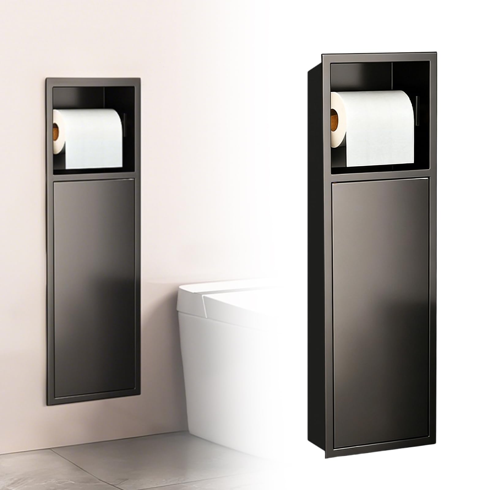 Portarrollos de papel higiénico empotrado de acero inoxidable con puerta corredera, armario de baño con portarrollos para el conjunto de escobillas, negro/blanco, 60 x 16,5 x 12,5 cm (negro)