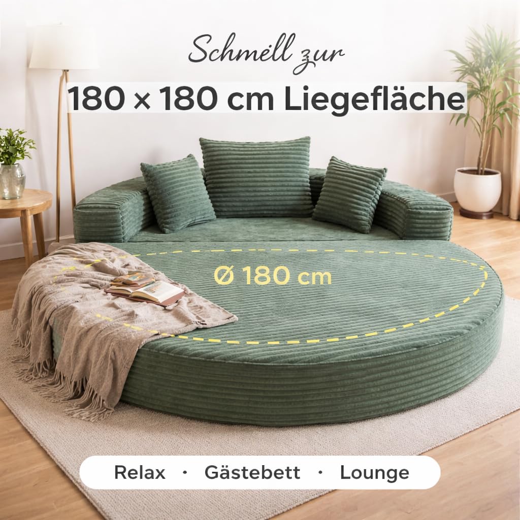 2-in-1 Schlafsofa Rundliege 180×180 cm, Faltbares Cordstoff Sofa Bett mit Kissen, Halbkreis Sofa zu Rundbett Ausziehbar, Boden Schlafsofa für Wohnzimmer, Balkon & Lounge (Grün)