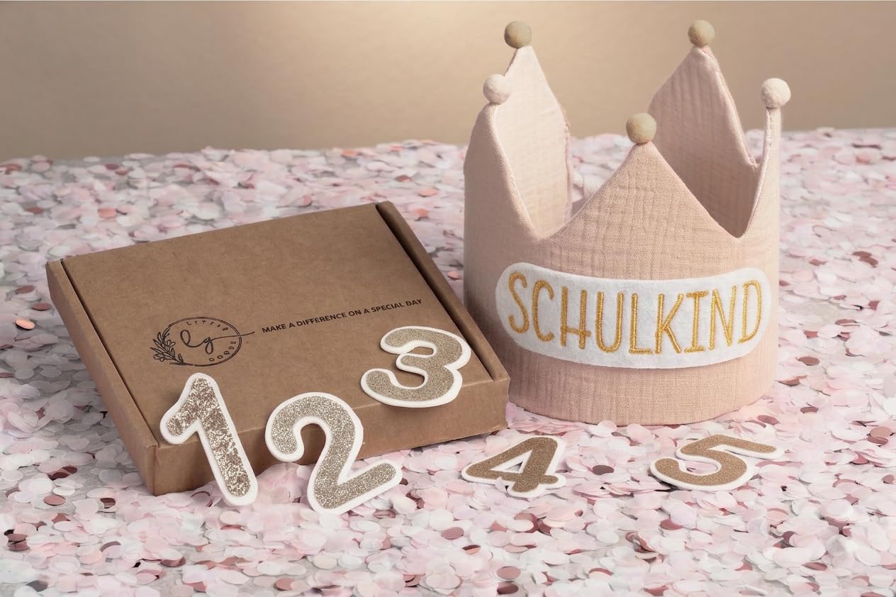 Little Goods Geburtstagskrone für Kinder - wendbare Musselin-Stoffkrone mit Zahlen 0-9 für Jungen und Mädchen in Pastell - Dunkelbeige - Hellbeige - Beige und warmen Tönen
