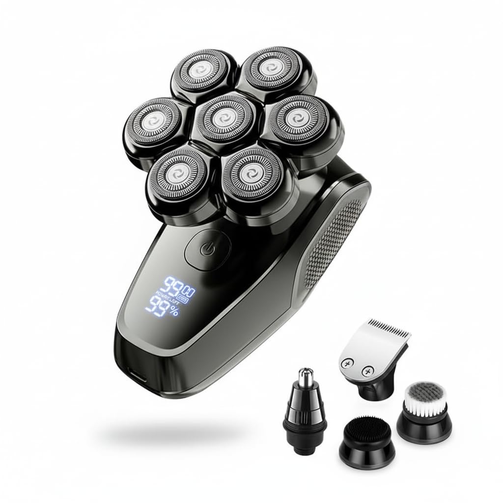 Glatzen Rasierer Herren 7D – Nass & Trocken Kopfrasierer mit 100% wasserdichtem Gehäuse, sanfte Rotationstechnologie, ergonomischer Griff, integrierte Haarkammer, einfache Magnet-Reinigung