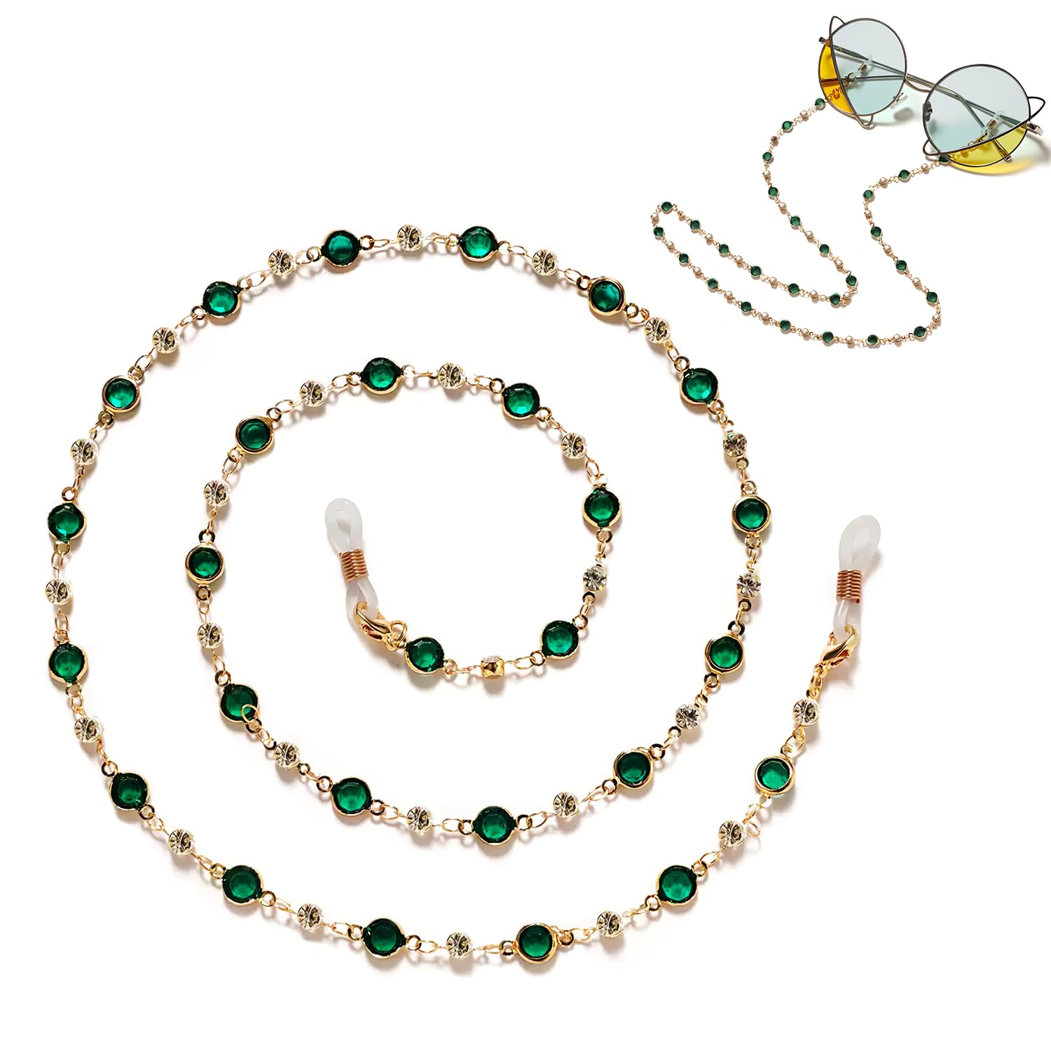 homeaura Anti-slip Eyeglass Specs Holder Strap, Green Zircon Spectacle Chain for Women Adjustable Length | Lightweight | Crystal Accents | Daily Use | Secure Fit | Elegant Design-picture-3