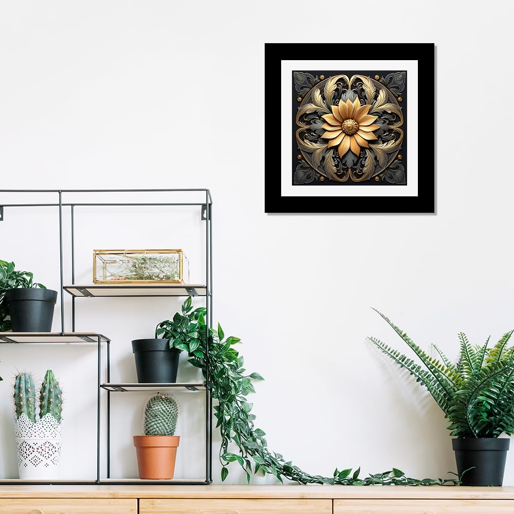 DEKORSTATION Golden Flower Mandala Art Wall Painting/Art Print/Poster Frame For Living Room, Bedroom, Office, Home Decoration Item/Black Frame for Wall DΓ©cor Size: 12 x 12 Inch 1