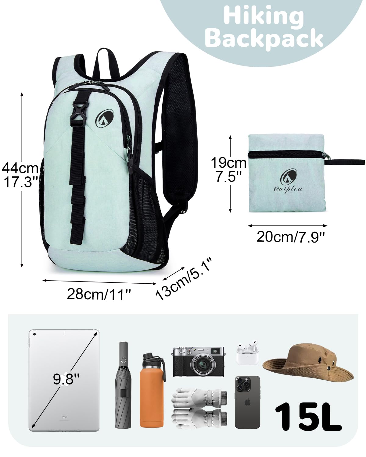 Zaino da trekking pieghevole con tasca per telefono per uomo e donna, piccolo zaino casual ultraleggero ripiegabile con cinghie pettorali per viaggi, zaino pieghevole leggero da 15 litri